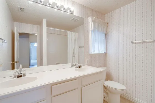 a bathroom with a sink a toilet and a mirror