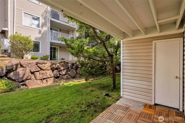 a view of a backyard with plants and a patio