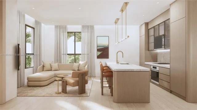 a living room with furniture a large window and a chandelier