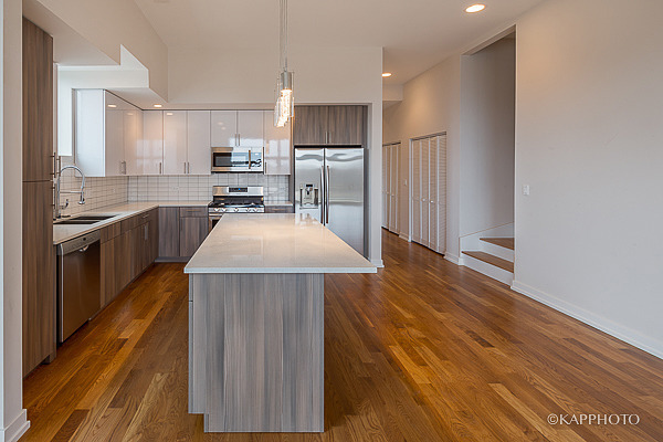 2835 West Division Street, Unit 3E Chicago, IL 60622 - Photo 6 of 25 a kitchen with kitchen island a counter space a sink appliances and cabinets