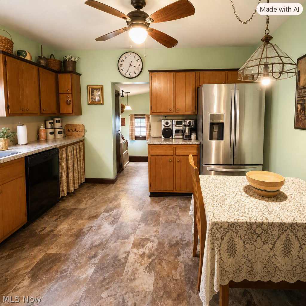 154 Taylor Road Barberton, OH 44203 - Photo 20 of 36 View of kitchen showing refrigerator, ceiling fan, hanging light and