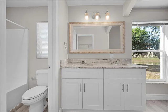 a bathroom with a toilet a sink a vanity and mirror