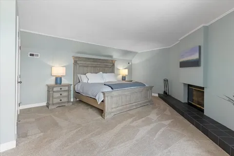 a bedroom with a bed and a fireplace