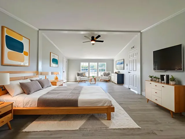 a spacious bedroom with a large bed a flat tv screen and a chandelier