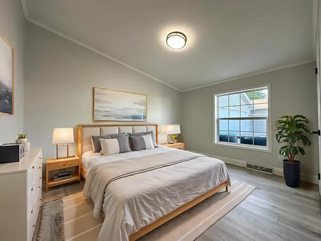 a bedroom with a large bed and a potted plant