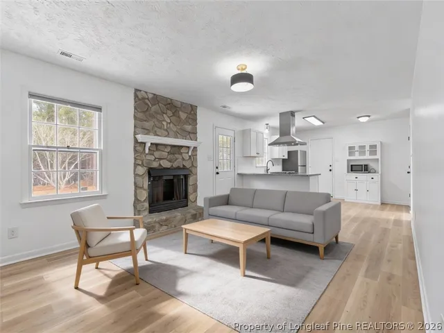 a living room with furniture and a fireplace