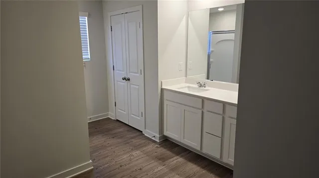 a bathroom with a sink mirror and shower