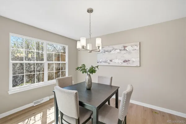a view of a dining room with furniture window and wooden floor