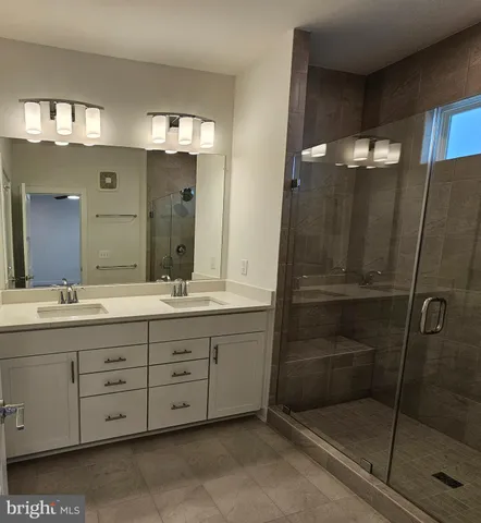 a bathroom with a shower sink and mirror