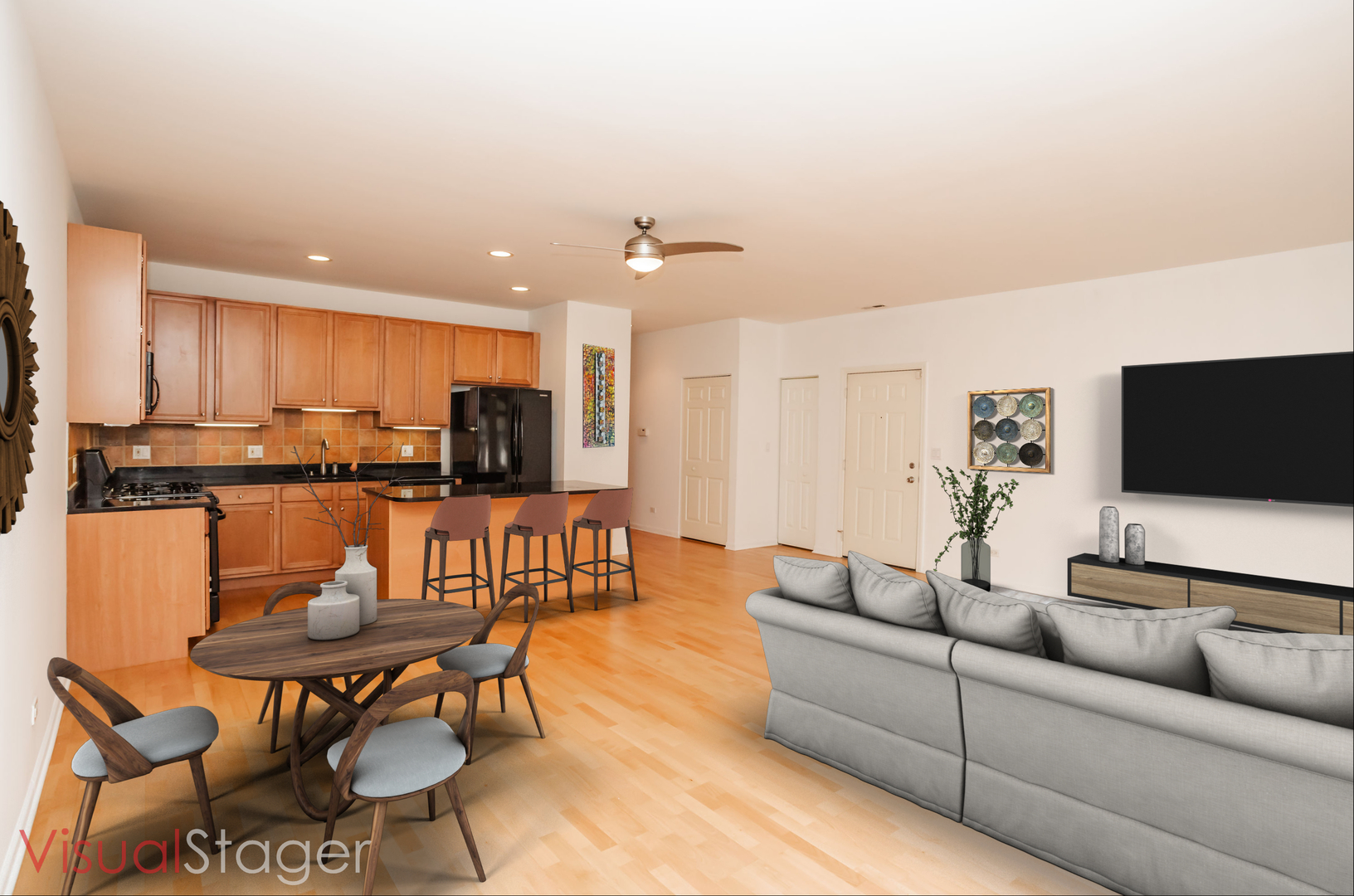 1418 South Halsted Street, Unit 1A Chicago, IL 60607 - Photo 2 of 19 a living room with furniture kitchen and a flat screen tv