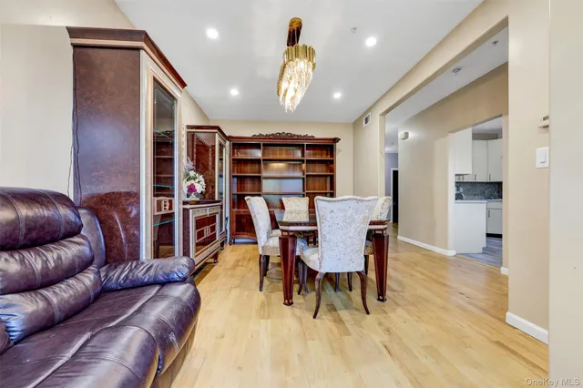 a view of a dining room with furniture