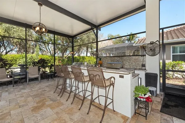 a outdoor dining space with furniture