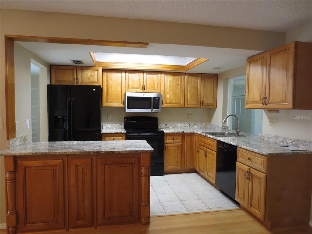 3235 East Dorchester Drive Palm Harbor, FL 34684 - Photo 35 of 47 a kitchen with stainless steel appliances granite countertop wooden cabinets a refrigerator and a sink