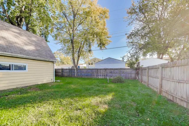 a view of a backyard with a large tree