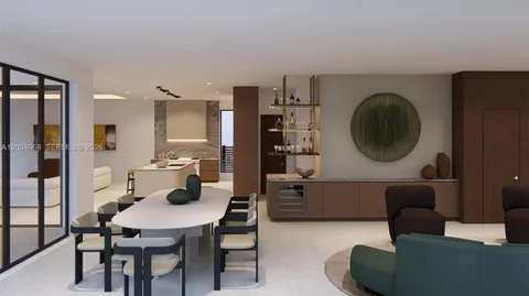 a living room with furniture and a mirror