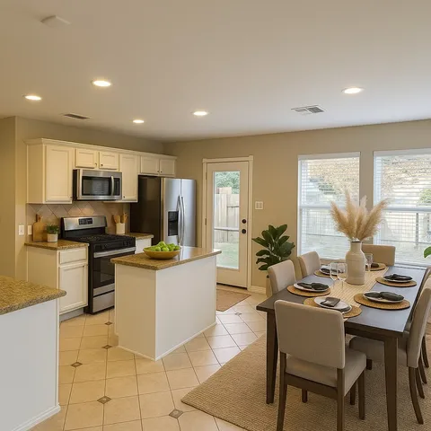 a kitchen with granite countertop a sink and a refrigerator