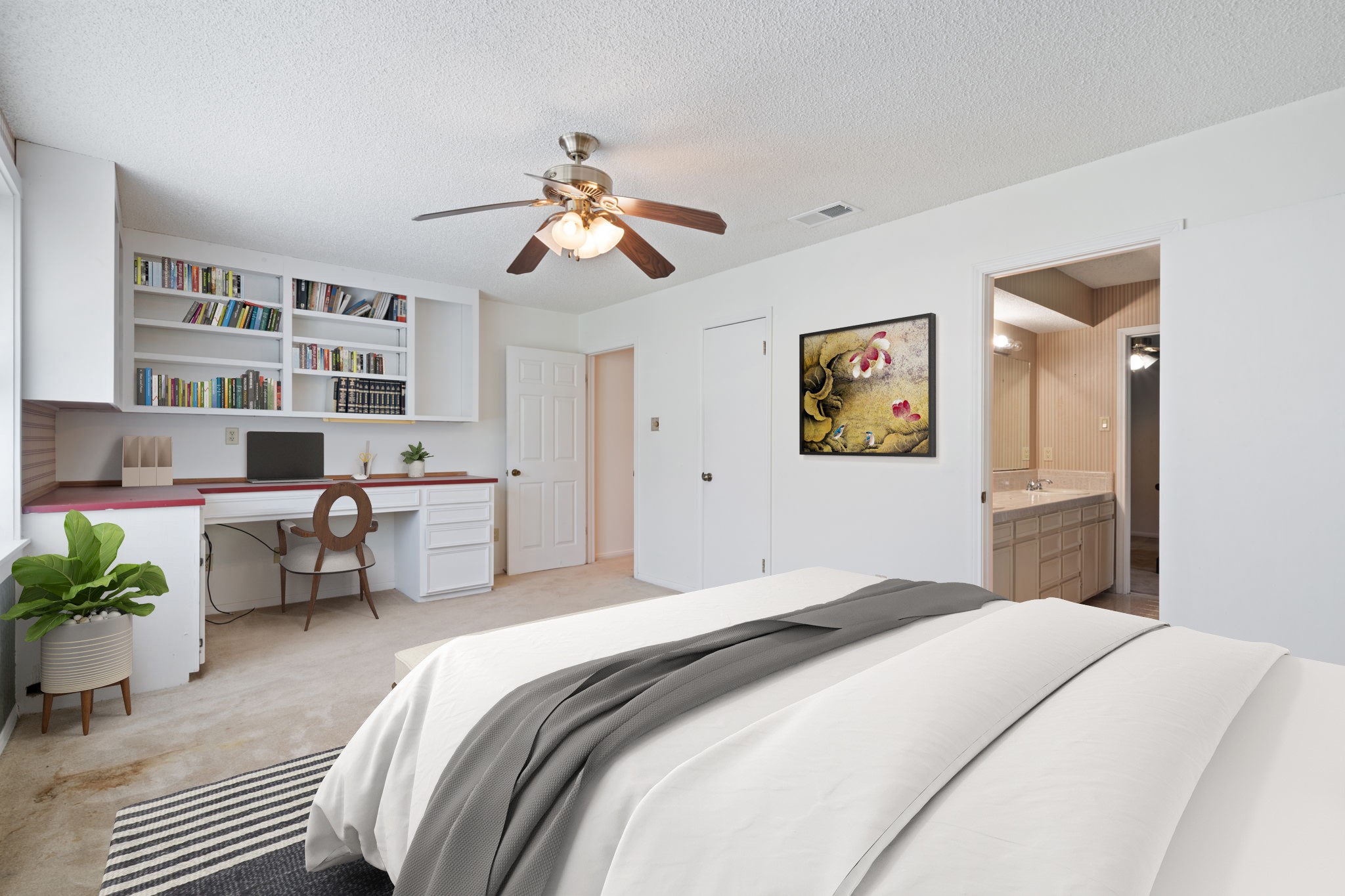 3541 Highway 159 La Grange, TX 78945 - Photo 17 of 38 Virtually Staged: Secondary bedroom with carpet floors, built-in shelves, a ceiling fan, and immediate access to a bathroom.