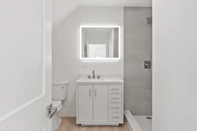 a bathroom with a sink a toilet and a mirror