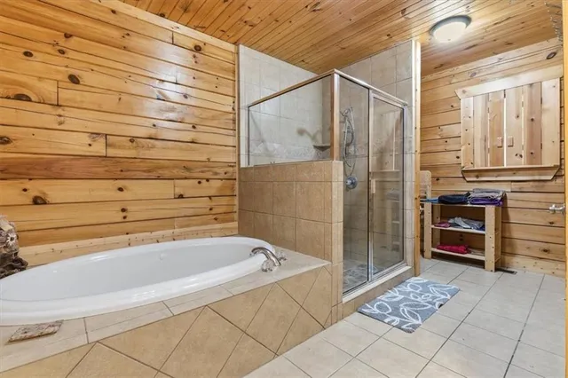 a bathroom with a bathtub and a shower