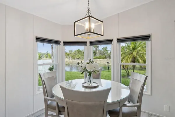 a view of a dining room with furniture window and outside view
