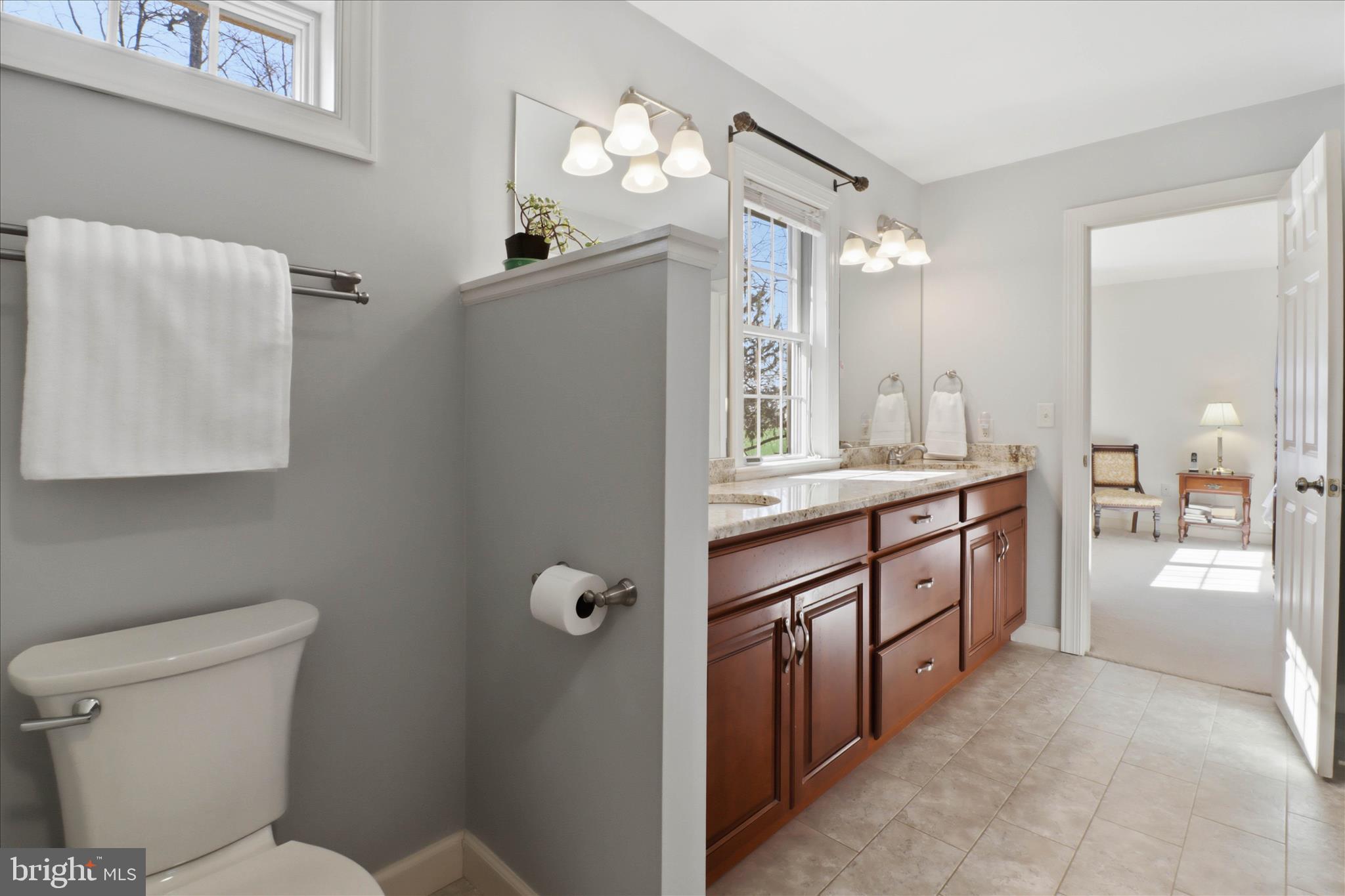 364 Evans Road Lititz, PA 17543 - Photo 32 of 58 a bathroom with a double vanity sink a toilet a mirror and shower