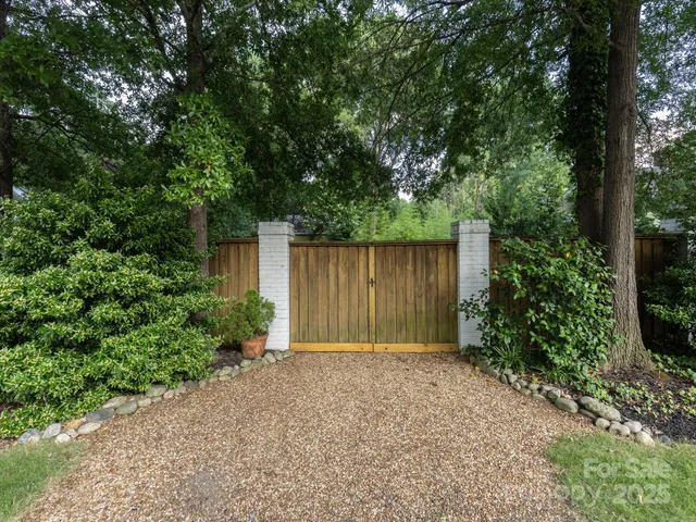 a view of backyard with large trees and wooden fence
