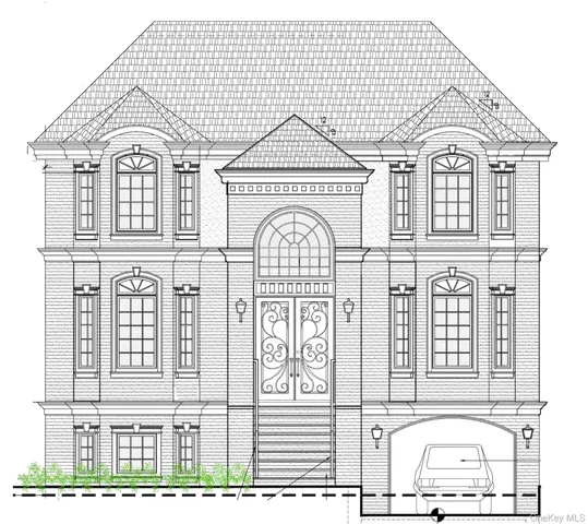 a view of a brick house with large windows