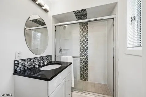 a bathroom with a sink a mirror and a shower