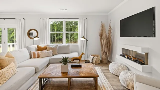 a living room with furniture a rug and a window