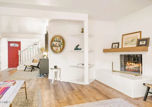 a view of a hallway with a workspace