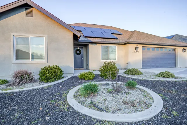 a view of a house with brick walls plants and large tree