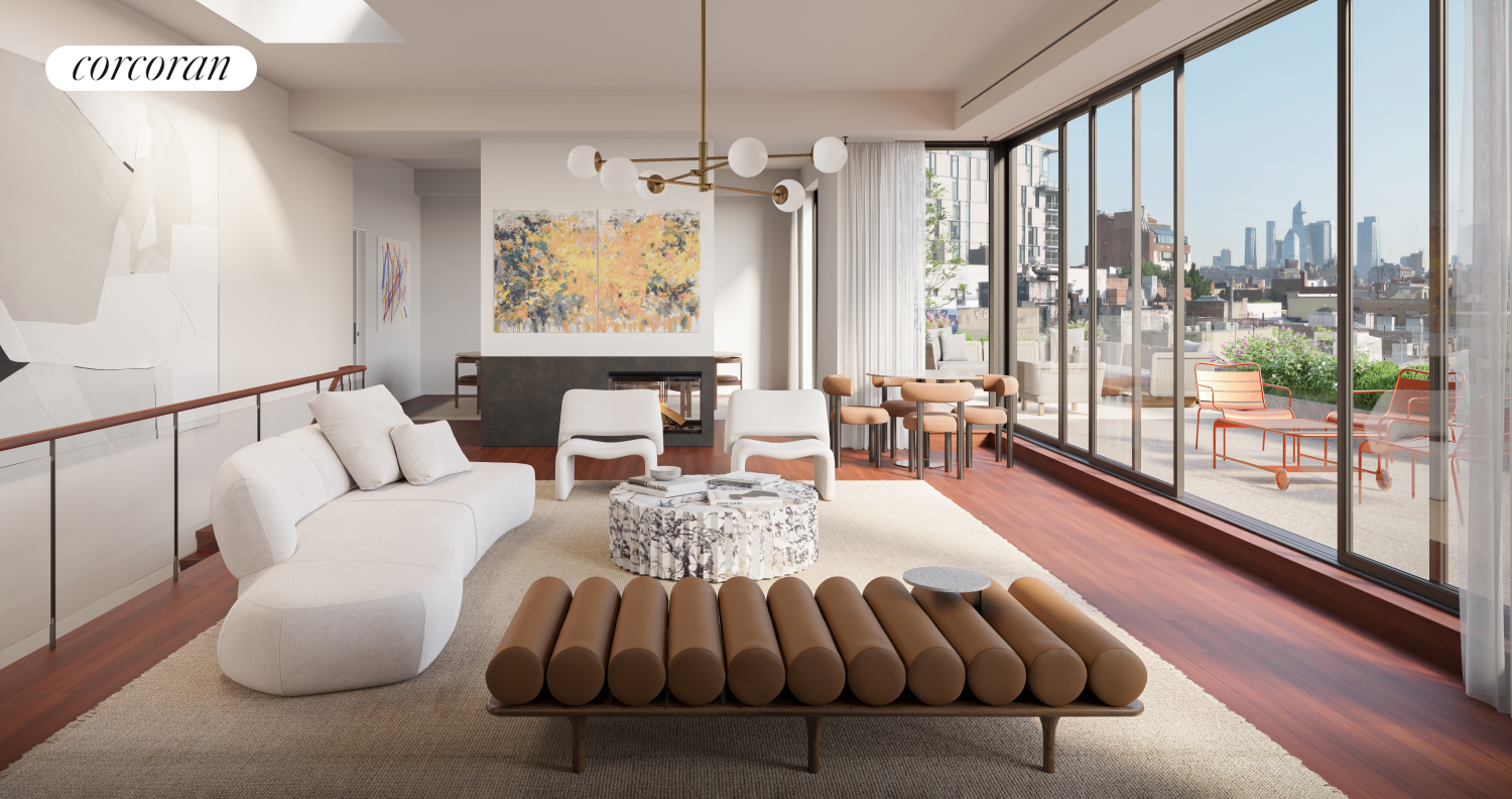 a living room with furniture large windows and wooden floor