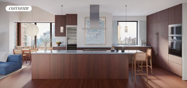 a living room with furniture large windows and wooden floor