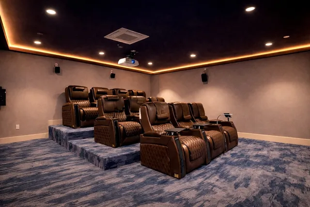 a media room with lots of chairs and wooden floor