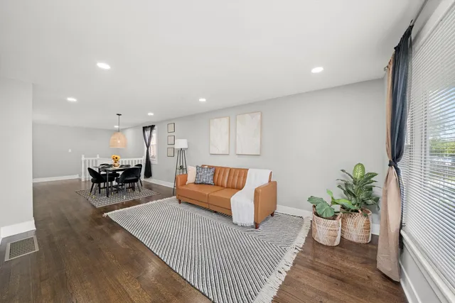 a living room with furniture and a potted plant