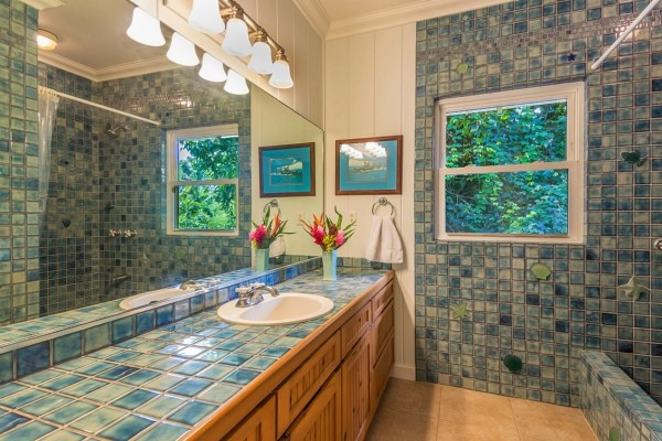 5175 Weke Road Hanalei, HI 96714 - Photo 19 of 25 a bathroom with a granite countertop sink a mirror and shower