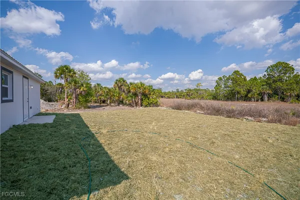 a backyard of a house with lots of green space and plants