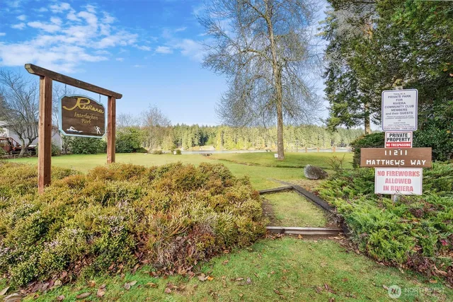 a view of a park with large trees