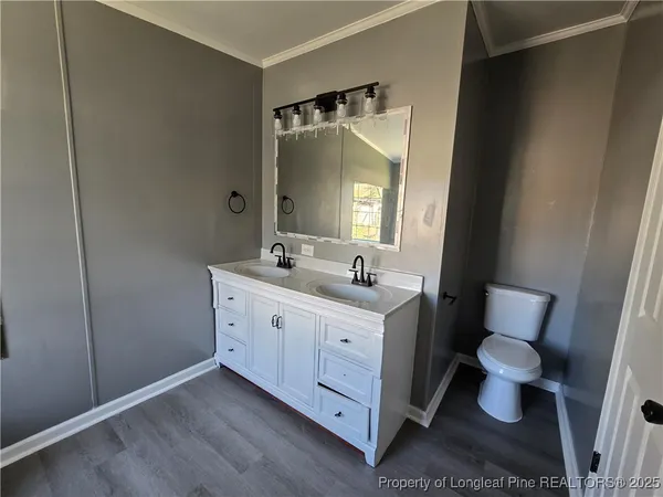 a bathroom with a double vanity sink mirror and toilet