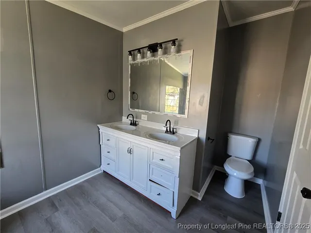 a bathroom with a double vanity sink mirror and toilet