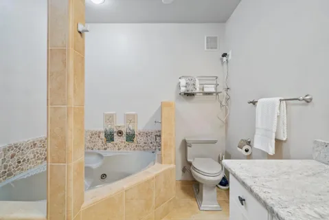 a bathroom with a granite countertop toilet a sink and a bathtub