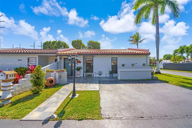 a view of a house with swimming pool and a yard