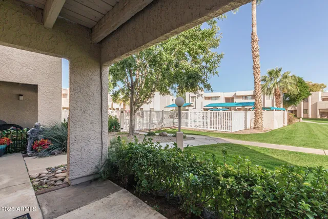 a view of a park and trees