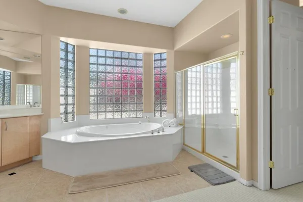 a view of a bathtub in a room