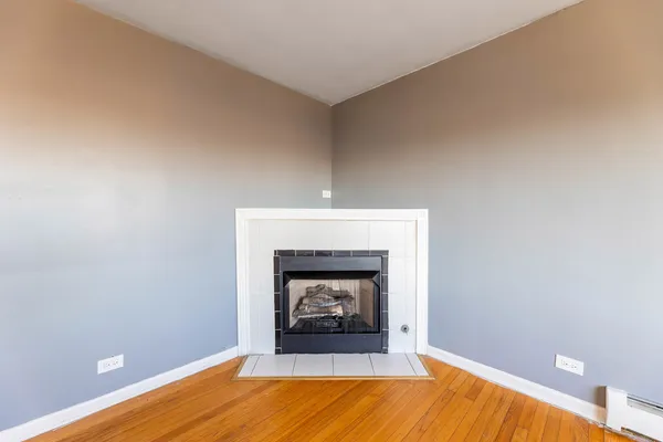 a room with a fireplace