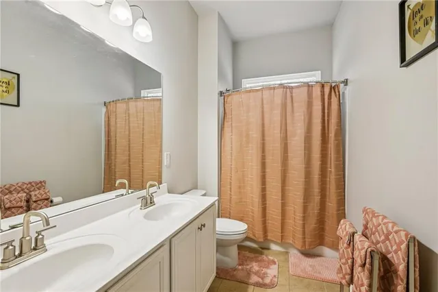 a bathroom with a double vanity sink toilet and a mirror
