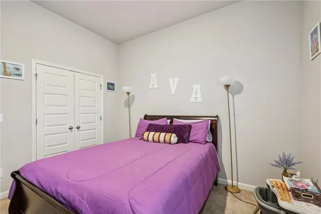 a bedroom with a bed and a closet