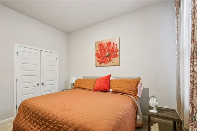 a bedroom with a bed and a closet