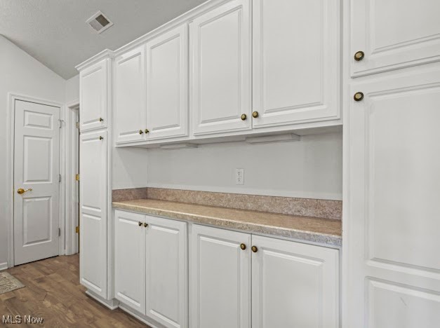 9151 Springfield Road, Unit 703 Youngstown, OH 44514 - Photo 7 of 19 Kitchen featuring visible vents, light countertops, white cabinets, dark wood finished floors, and vaulted ceiling
