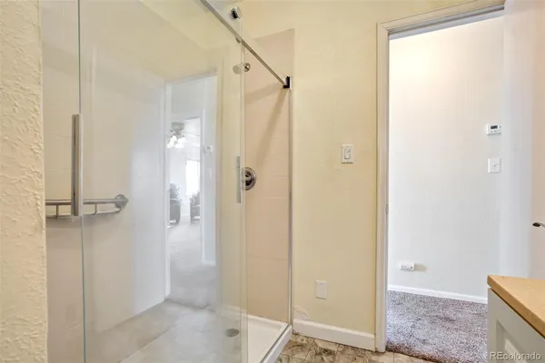 a bathroom with a shower and a sink